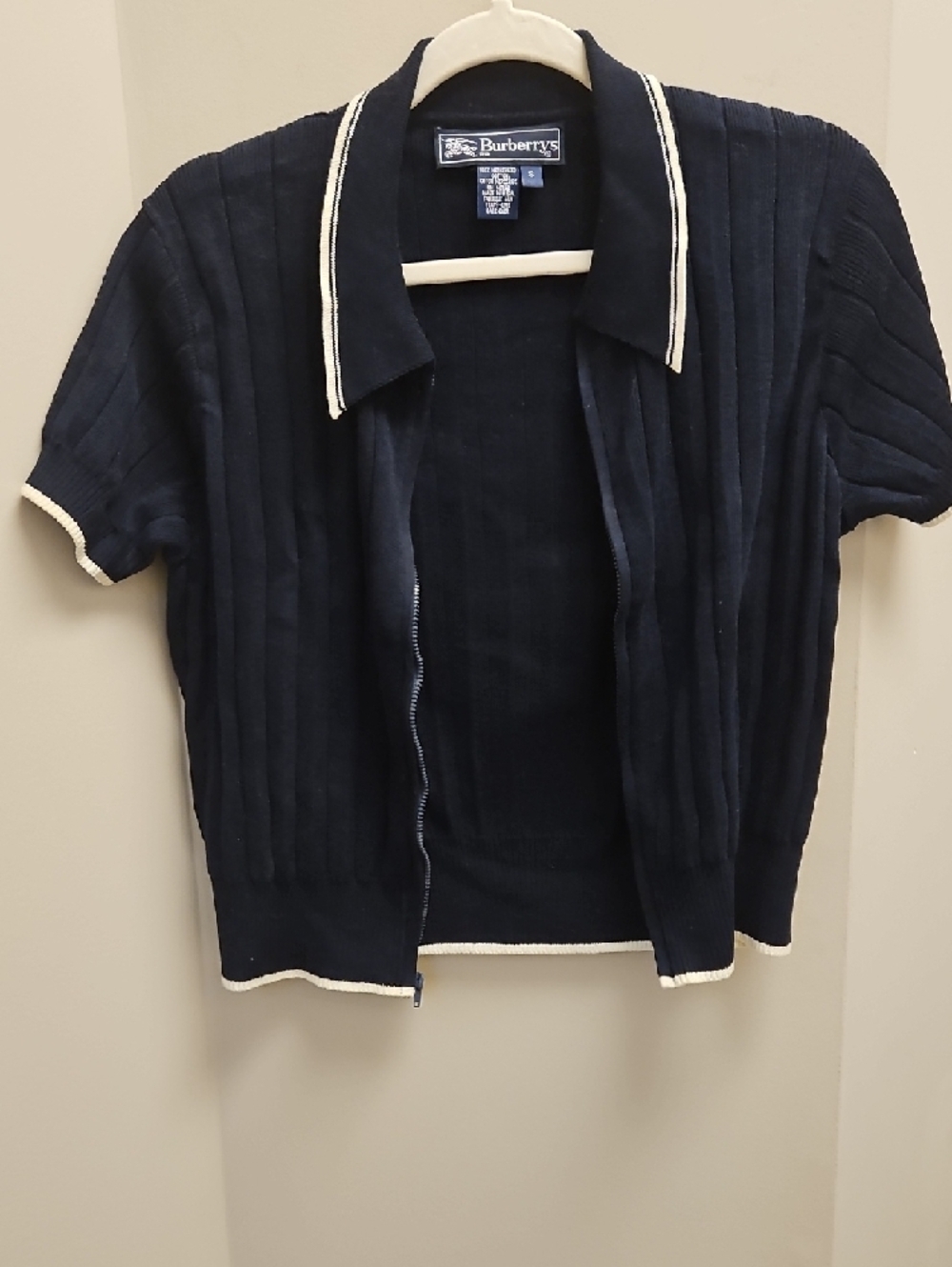 Burberry Navy Knit Polo Sweater with White Trim - Picture 3 of 4
